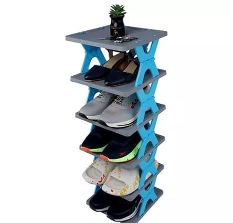 6 Layer Folding Shoe Rack Plastic Adjustable Blue