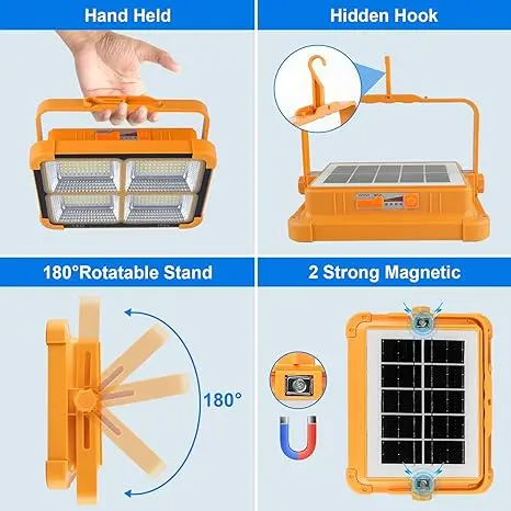 The IP66 rechargeable work light has adjustable LED lighting for outdoor use during camping, emergencies, and car repairs.