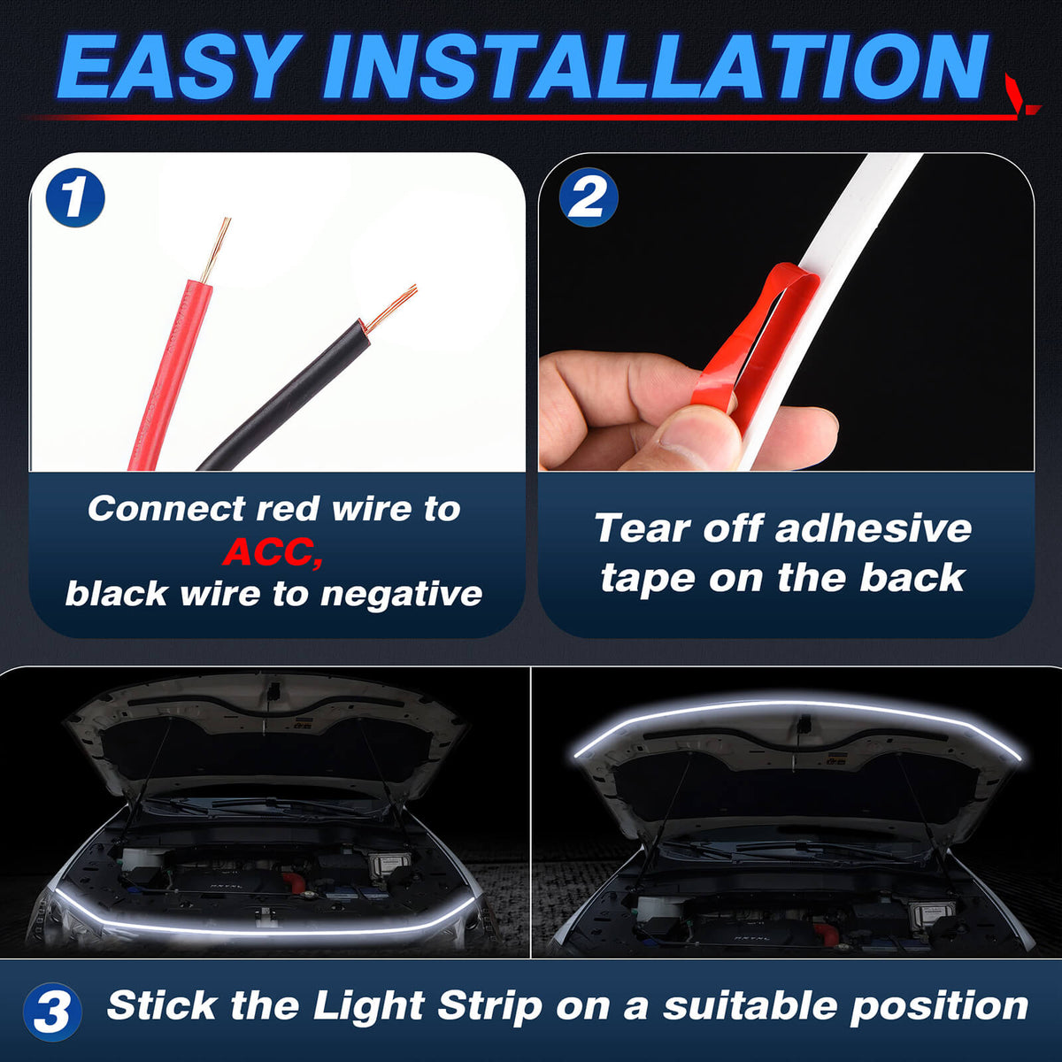Car Hood Light Strip, Flexible Exterior Car LED Strip Lights Waterproof (Crystal Blue)