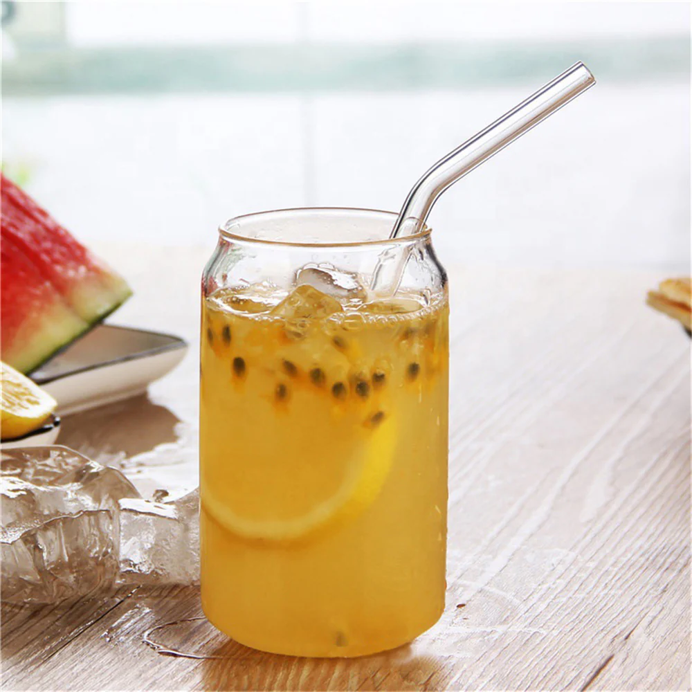 Can Glass Juice Water Cup With Bamboo Wood Lid And Plastic Straw 500 ml