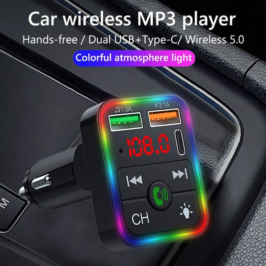 Bleutooth FM Transmitter F2 , MP3 Player with USB Flash Drive, Multi-Color Ambient Lighting, Dual USB 3.1 Type-C Fast Charger, and FM X8