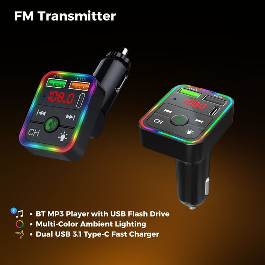 Bleutooth FM Transmitter F2 , MP3 Player with USB Flash Drive, Multi-Color Ambient Lighting, Dual USB 3.1 Type-C Fast Charger, and FM X8