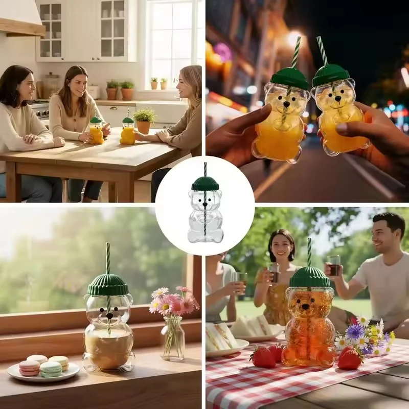 Bear Glass Cup with Straw (600ml)