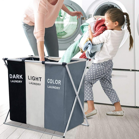 3 Section Laundry Basket Printed Dark Light Color, Foldable Hamper/Sorter with Waterproof Oxford Bags and Aluminum Frame