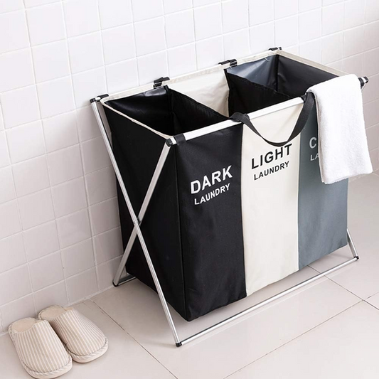 3 Section Laundry Basket Printed Dark Light Color, Foldable Hamper/Sorter with Waterproof Oxford Bags and Aluminum Frame