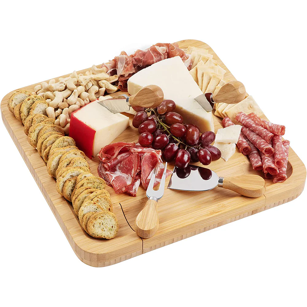 Bamboo Squared Board Wooden Serving Tray with Cutlery in Slide-Out Drawer